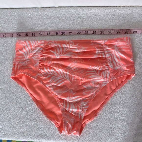 5/$25 Women’s Neon Coral White Tropical Print High Waist Bikini Bottoms L - Picture 3 of 9